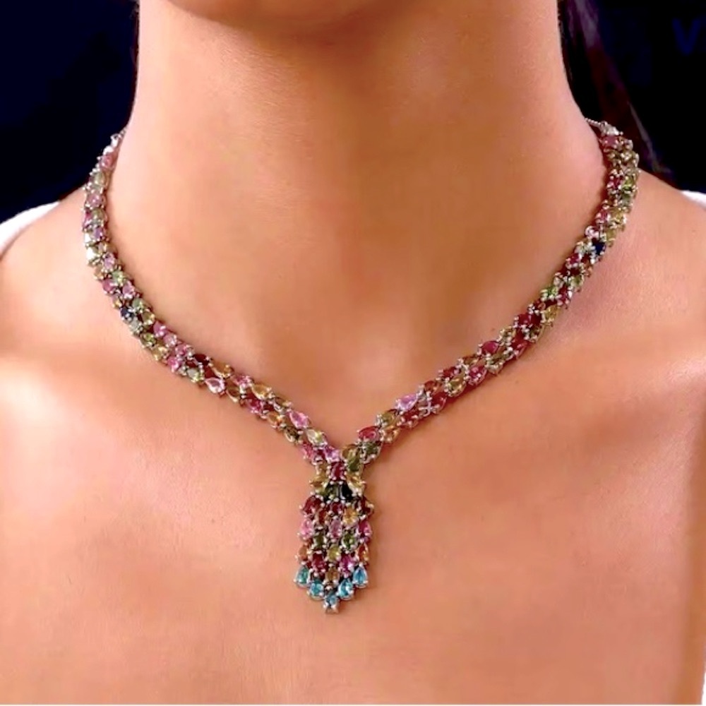 AAA Multi-Tourmaline,Necklace Platinum Over Sterling Silver, 18 Inches 19.20 CWT - Picture 1 of 16